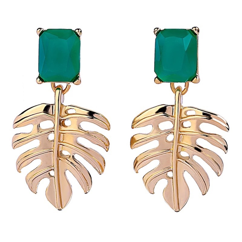 Anthropologie Gold Plated Tropical Monstera Leaves Emerald Green Drop Ea…